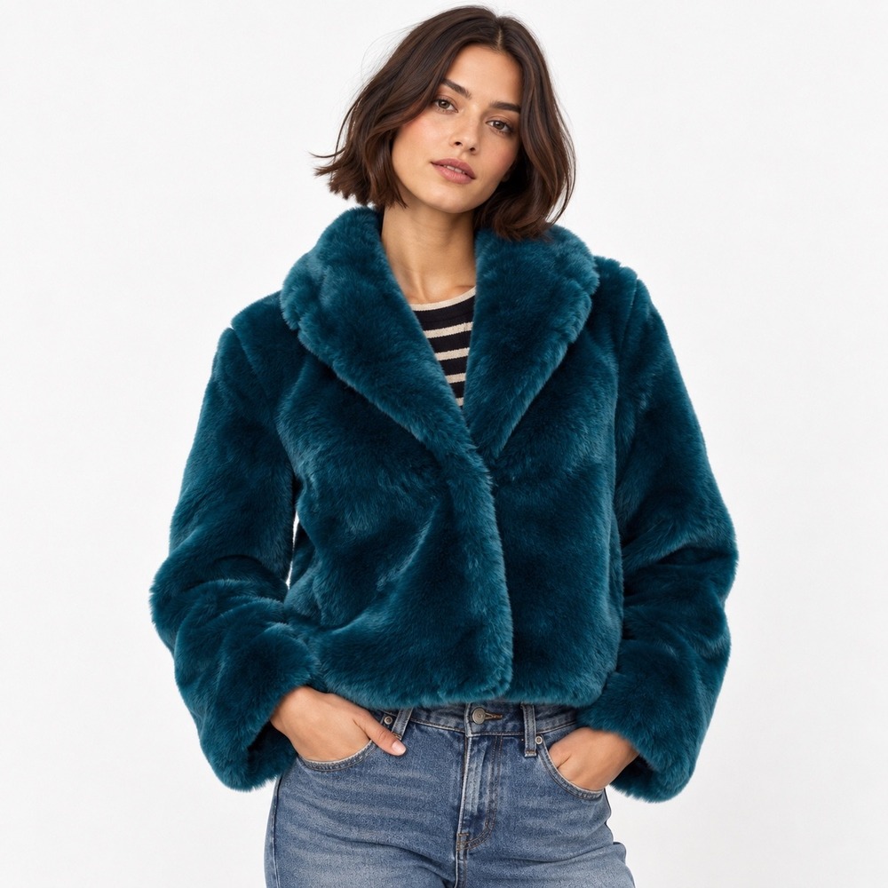 Deep Teal Faux Fur Teddy Jacket Plush Cropped Statement Coat Women's Size 6